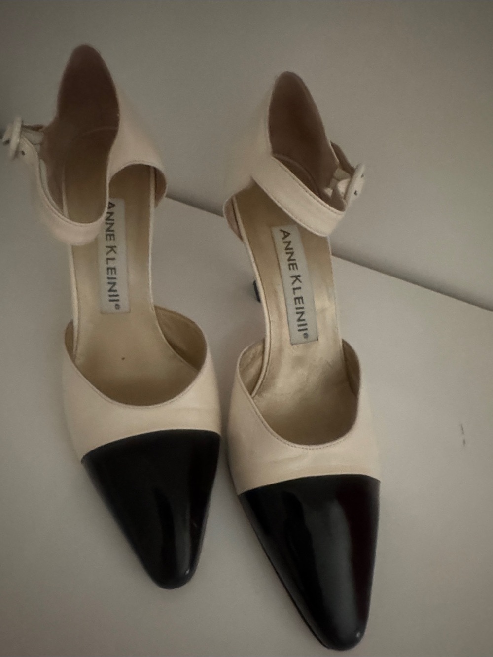Anne Klein Two-Tone Cream and Black Pointed-Toe Ankle-Strap Pumps